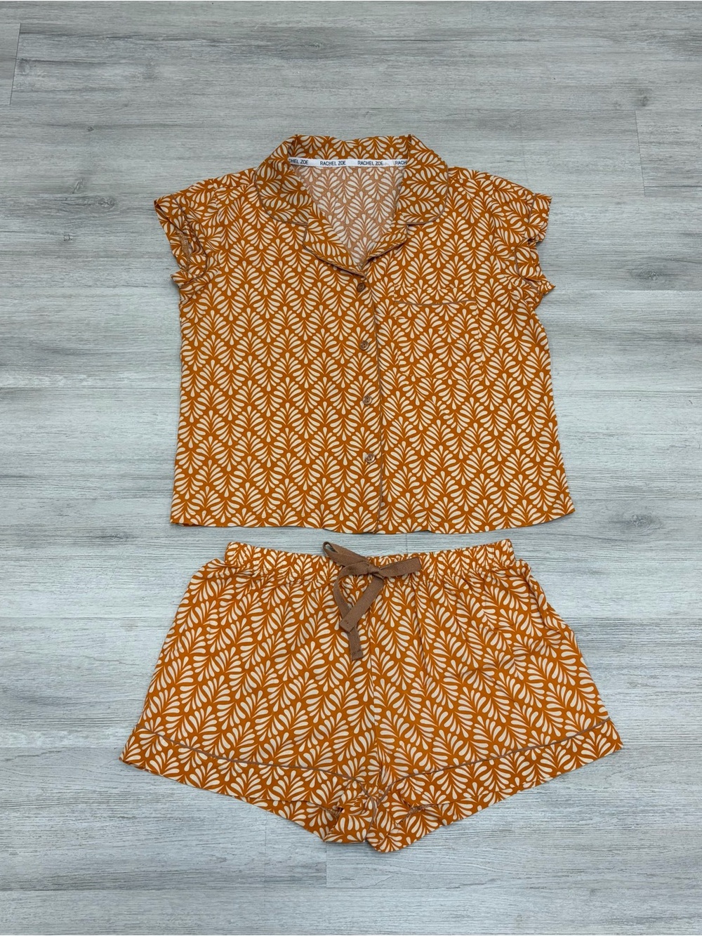 Rachel Zoe Rust Orange Leaf-Print Two-Piece Short Pajama Set Small NWOT